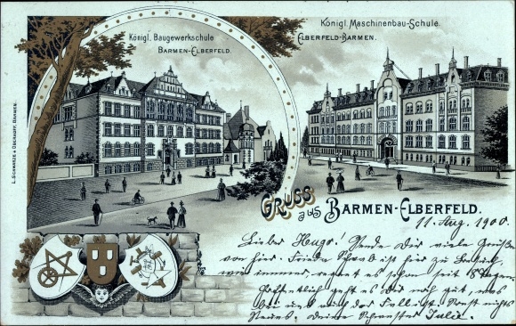 Coat of arms Chromo-Litho Barmen Wuppertal in North Rhine-Westphalia, mechanical engineering school, building trade school
