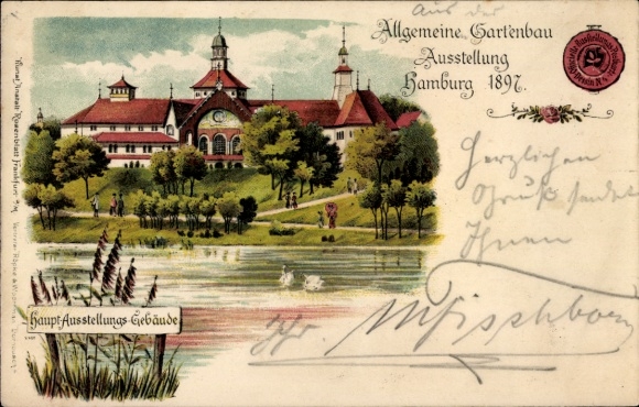Chromo-Litho Hamburg Mitte Old Town, General Horticultural Exhibition 1897, main exhibition building
