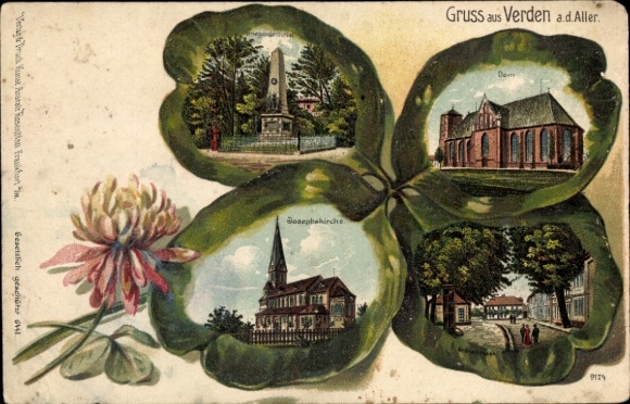 Klaverblad litho Verden an der Aller, oorlogsmonument, kathedraal, Josephskirche