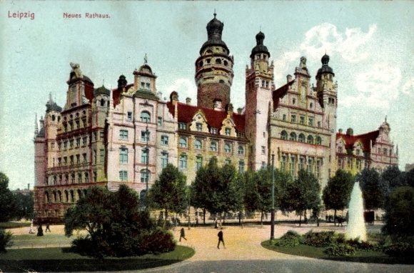 Ak Leipzig, Neues Rathaus,  Architektur, Parkanlage, Menschen, Brunnen
