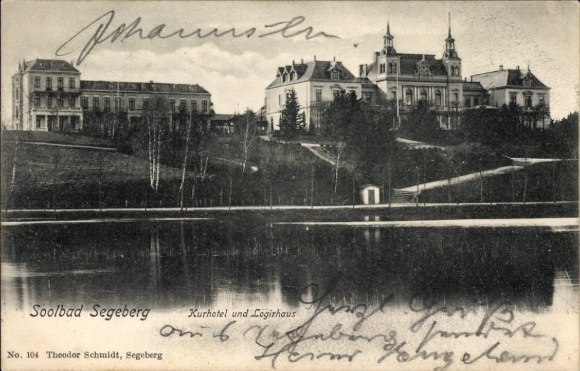 Postcard Bad Segeberg in Holstein, spa hotel and log house, water view, trees