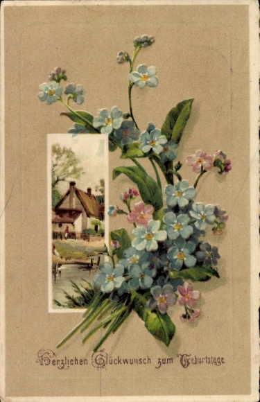 Embossed PC birthday greetings, flowers, thatched roof house