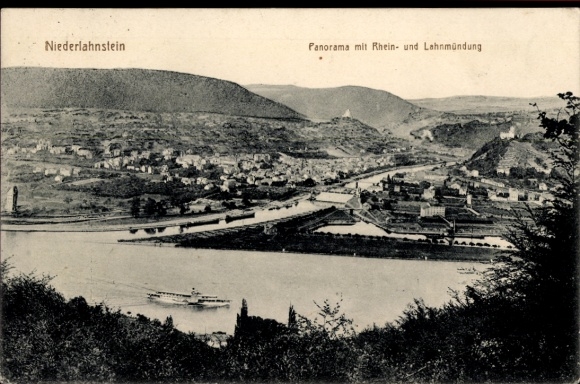 KP Niederlahnstein Lahnstein am Rhein, panorama z ujściami Renu i Lahn, widok na miasto, statek...