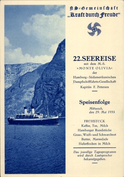 Postcard KdF sea voyage 1935 with MS Monte Olivia of the HSDG