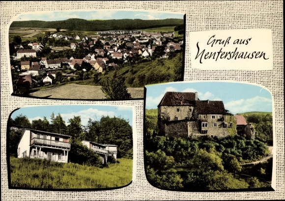 Postcard Nentershausen in Hesse, panorama, resort with family holiday farm, ruin