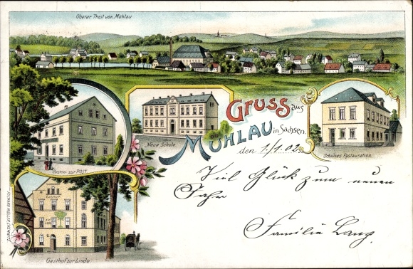 Litho Mühlau in Sachsen, Restaurant zur Post, Gasthof zur Linde, Schulze's Restauration, Neue Schule