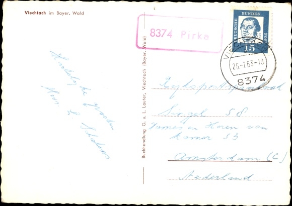 Postcard country postmark 8374 Pirka, Viechtach, local views
