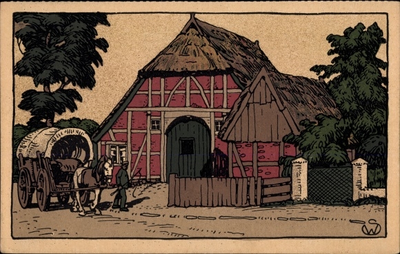 KP litografia Szlezwik-Holsztyn, domy wiejskie, wagony