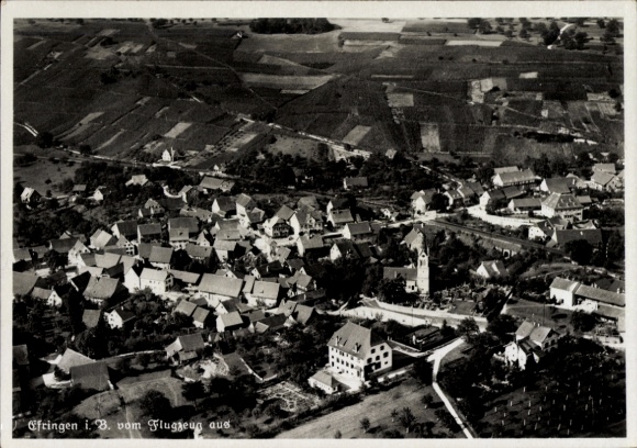Postcard Efringen Kirchen am Oberrhein, aerial view of houses, churches, green fields, rural surroundings
