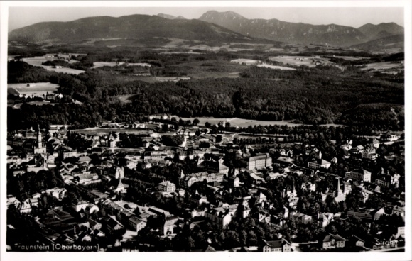 Postcard Traunstein in Upper Bavaria, aerial view of Traunstein, mountains in the background, architecture