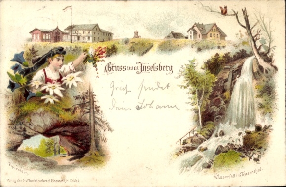 Postcard Brotterode in Thuringia, Großer Inselsberg, motif: waterfall, virgin with flowers, light color