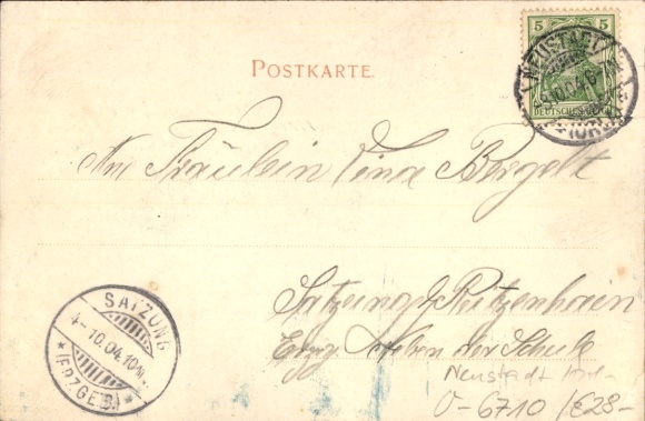 PC Dresden Neustadt, with view of a building, trees, statue, handwritten text