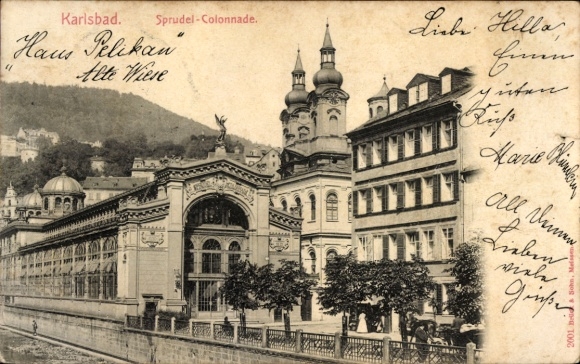 Postcard Karlsbad in Baden, Sprudel-Colonnade, Pelikan House, Old Meadow, Architecture