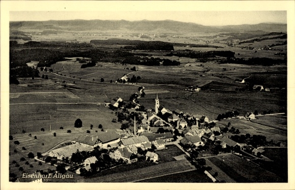 Postcard Eisenharz Argenbühl in Allgäu, aerial view of a village, church, rural surroundings, Black Forest