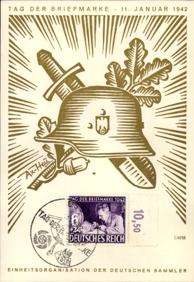 Kunstenaarsbriefkaart Axster Heudtlaß, Postzegeldag 1942, KdF