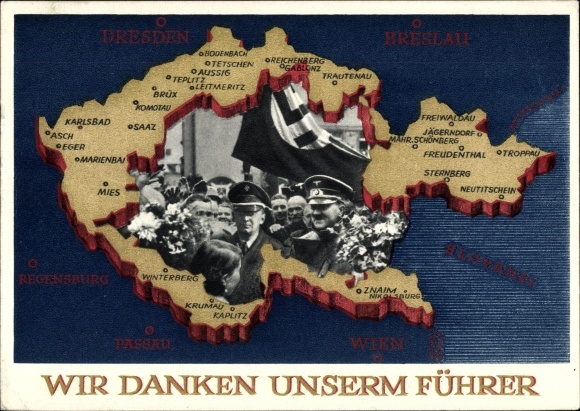 Postal stationery Postcard We thank our leader, Sudetenland, Bohemia, Moravia, Hitler