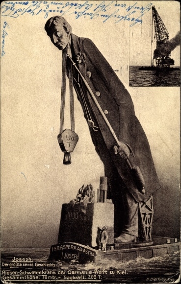 Artist PC Dierking, H., Kiel, Joseph, giant floating boat, Germania shipyard, humanized crane