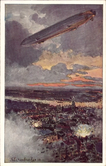 Kunstenaarskaart van Eckenbrecher, Themistocles, Zeppelin boven Antwerpen, slag, WOI