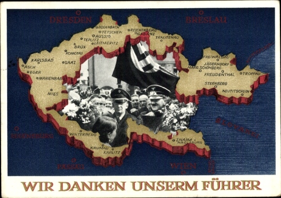 Postal stationery Postcard We thank our Führer, Sudetenland, Bohemia, Moravia, Hitler