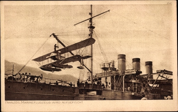 Postcard German warship, French naval aircraft is fished up, I WW