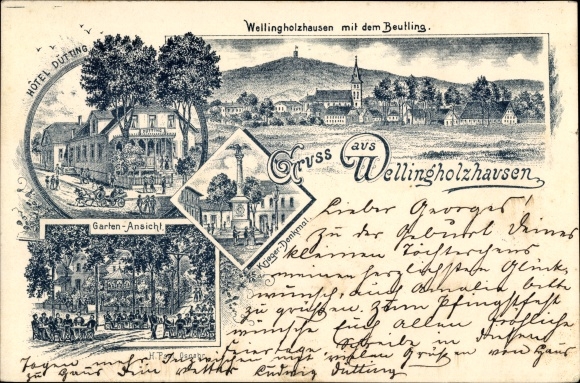 Litho Wellingholzhausen Melle in Niedersachsen, Beutling, Hotel Dütting, Kriegerdenkmal