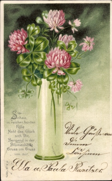 Präge Ak Glücksklee in der Blumenvase
