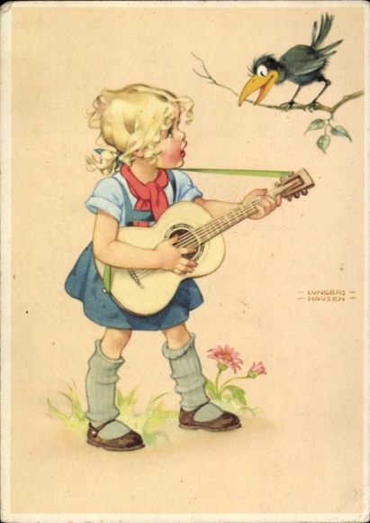 Artist Postcard Lungershausen, Ilse Wende, girl with guitar, raven
