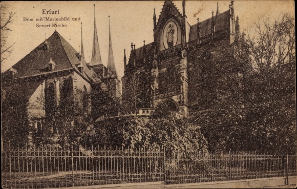 Postcard Erfurt in Thuringia, cathedral with image of Mary and Severi Church