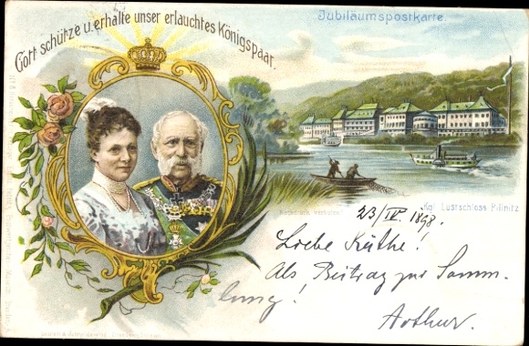 Postwaardestuk litho Dresden Pillnitz Elbe, koning Albert van Saksen met echtgenote, lustpaleis Pillnitz