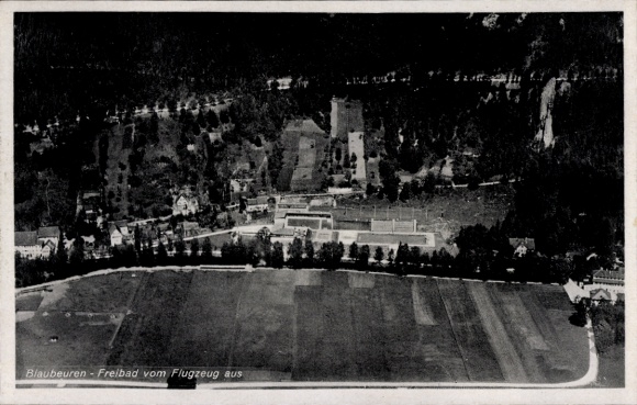 Postcard Blaubeuren in the Alb Donau district, outdoor swimming pool, aerial photograph