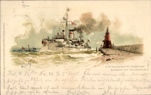 Artist Chromo-Litho Bohrdt, Hans, Swinoujscie, German warship SMS Siegfried, ironclad