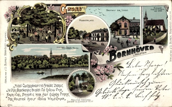 Litho Bornhöved in Holstein, Gasthof zur Linde, Teich, Adolphs Denkmal, Waldkater, Kirche