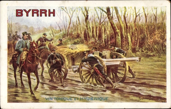 Artist Postcard Advertisement, Byrrh Vin Tonique, French soldiers with guns in the mud