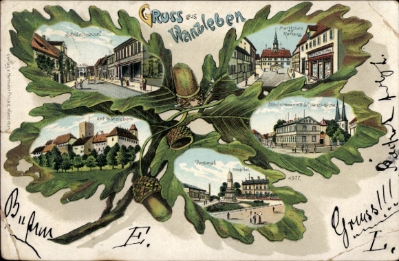 Chromo-Litho Wanzleben Börde in Saxony-Anhalt, Schulstraße, Amt Wanzleben, market square with town hall, monument