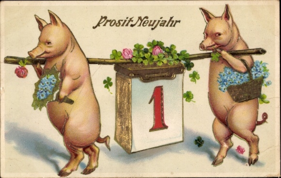 Greeting card Happy New Year, pigs, flowers, calendar, lucky clover