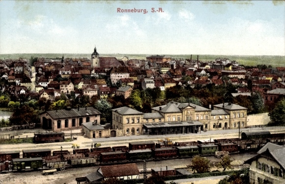 Postcard Ronneburg in Thuringia, panorama, train station