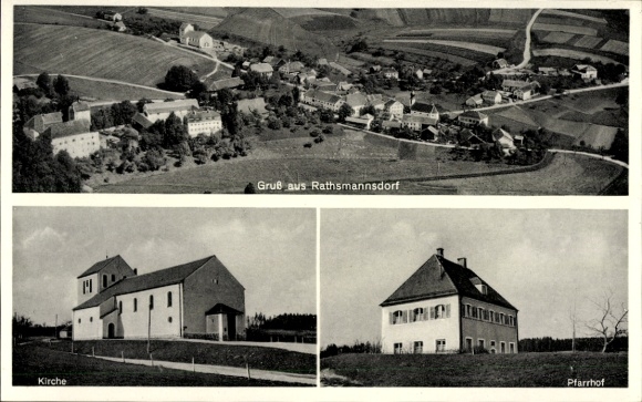 Ak Rathsmannsdorf Windorf in Neder-Beieren, landschapsfoto, kerk, pastorie, groeten uit Rathsm