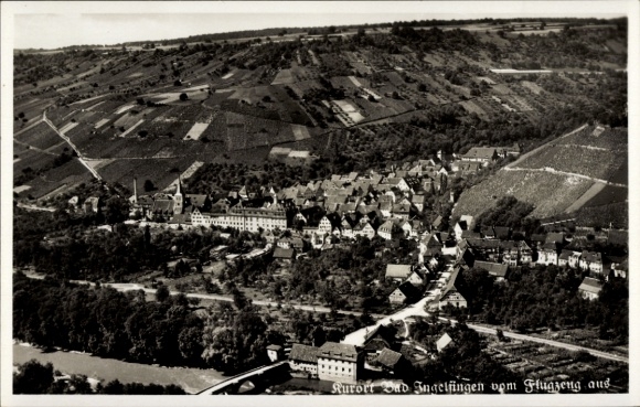 Postcard Ingelfingen in Württemberg, aerial view of vineyards, houses, river