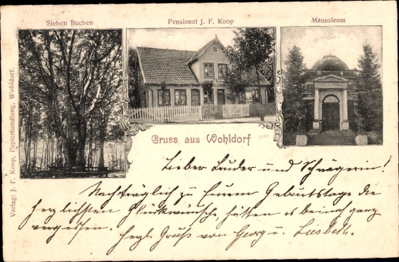 Ansichtkaart Hamburg Wandsbek Wohldorf, Sieben Buchen, Pensionat JF Koop, mausoleum