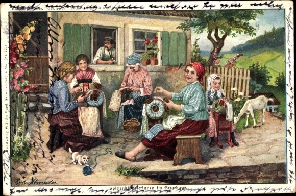 Artist PC Schneider, Rud., lace makers in the Ore Mountains, goat