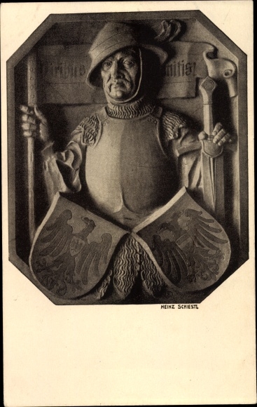 Postcard plastic by Heinz Schiestl, brother of Matthäus, knight, coat of arms, sword, relief