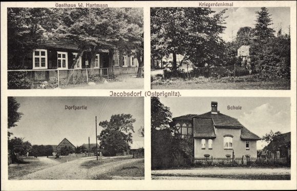 Postcard Jacobsdorf Jakobsdorf Putlitz in the Prignitz, inn, war memorial, village street, school