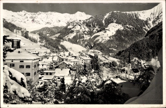 Postcard Seewis in Prättigau Kt. Graubünden, snow-covered mountains, village view, architecture, photo by