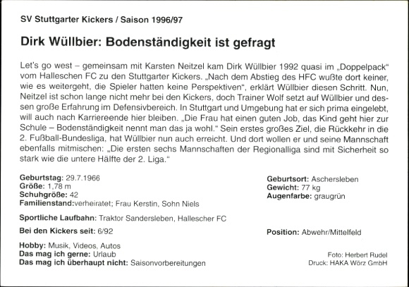 Karta autografu piłkarza Dirka Wüllbiera, SV Stuttgarter Kickers, autograf