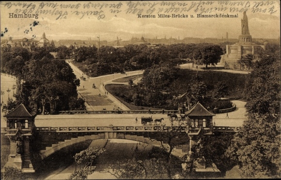 Postcard Hamburg Neustadt, Kersten Miles Bridge, Bismarck Monument