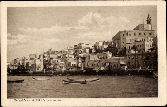 Postcard Tel Aviv Jaffa Israel, view of Jaffa from the sea, boats in the water, houses on the shore