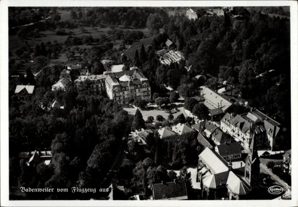 Postcard Badenweiler in the Black Forest, aerial view of architecture, lots of greenery