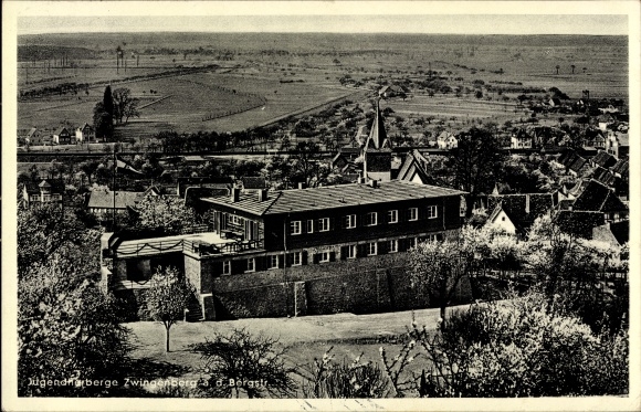 Postcard Zwingenberg on the mountain road in southern Hesse, view of the youth hostel, terrace with garden
