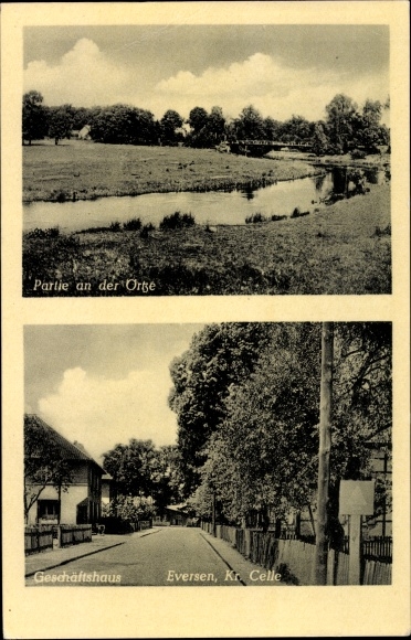 Ak Eversen Bergen Kr. Celle, Geschäftshaus Hermann Otte, Flusspartie an der Örtze