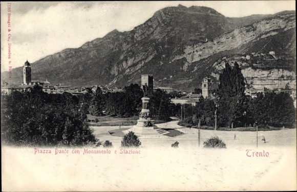 Postcard Trento Trient Südtirol, Piazza Dante with Monument to the Station